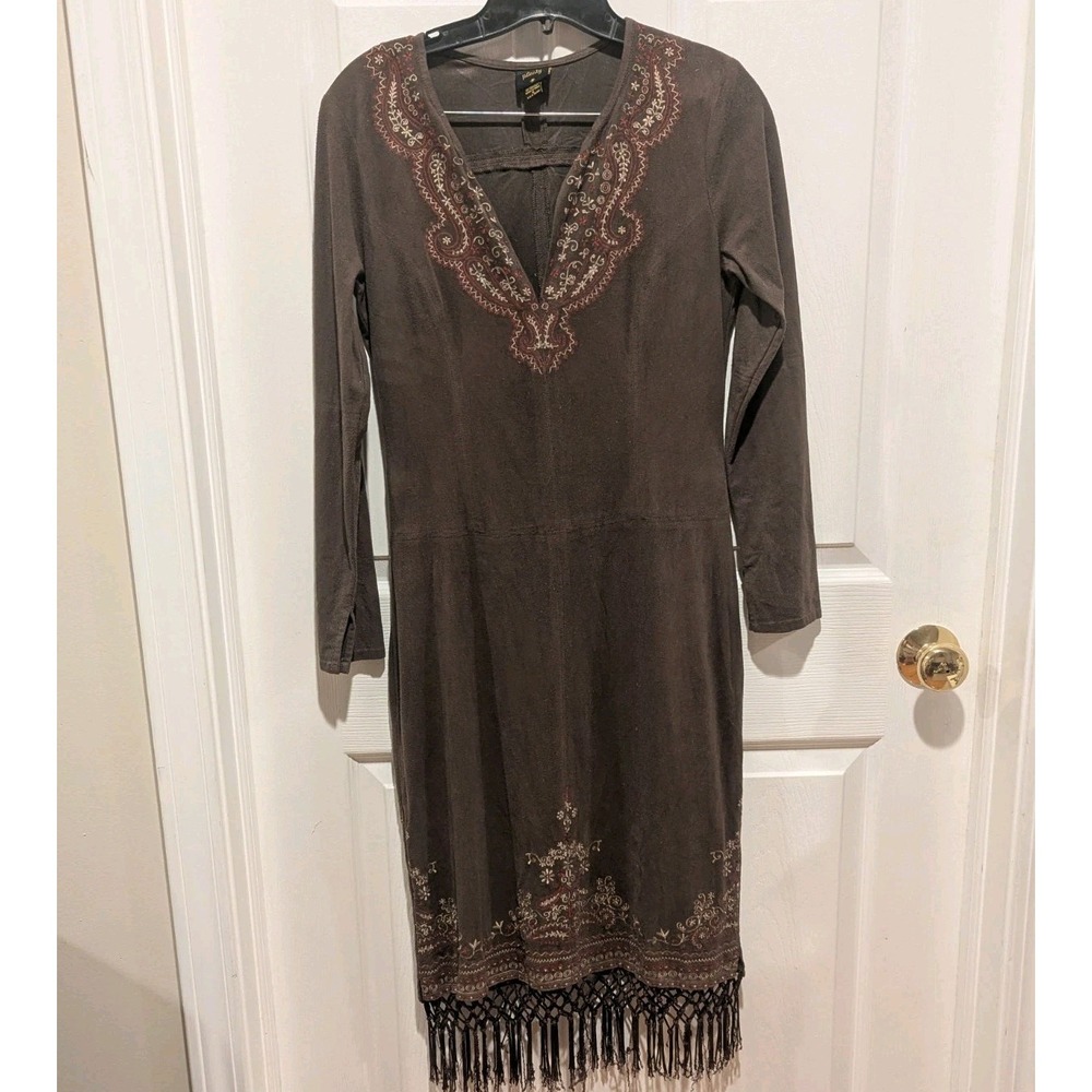 Boho Western Embroidered Fringe Midi Dress Brown Plenty Y2K Festival Size 6